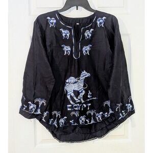 Egypt‎ Embroidered Tunic Top Camel Graphic Long Sleeve Blue Medium NWOT